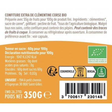 Confiture de clémentine Corse BIO - Le pot de 350gr
