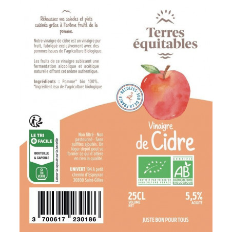 Vinaigre de cidre BIO - la bouteille 50 cl Vinaigre de cidre BIO - la bouteille 50 cl